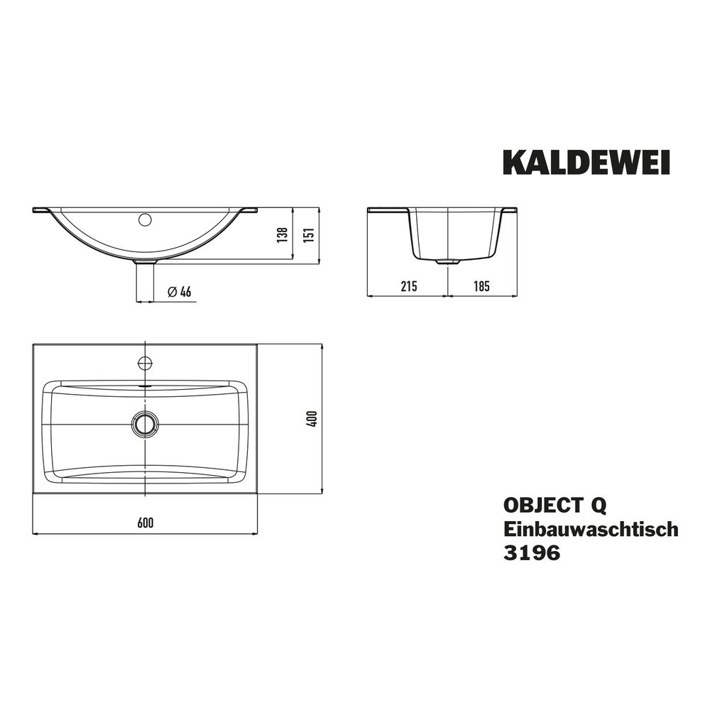 Kaldewei Einbauwaschtisch Object Q rechteckig 151x400x600mm, Alpinweiß/Mattschwa... KALDEWEI-911707260001 4063728865586 (Abb. 2)