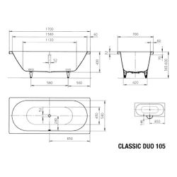 Kaldewei Badewanne Classic Duo rechteckig 430x700x1700mm 110l Alpinweiß m. ÜL, o... KALDEWEI-290500010001 4001112567951 (Abb. 1)