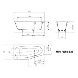 Kaldewei Badewanne Mini Kombi.-Form 430x700x1570mm Rechts 110l Alpinweiß m. ÜL, ... KALDEWEI-224400010001 4001112341841 (Abb. 1)