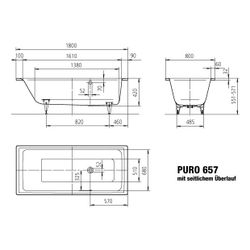 Kaldewei Badewanne Puro rechteckig 420x800x1800mm 170l Bahamabeige m. seitl-ÜL, ... KALDEWEI-256700013030 4001112725009 (Abb. 1)