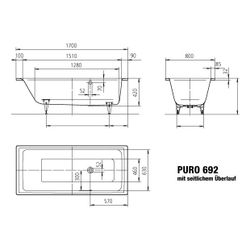 Kaldewei Badewanne Puro rechteckig 420x800x1700mm 140l Alpinweiß m. seitl-S-ÜL, ... KALDEWEI-259223000001 4001112723227 (Abb. 1)