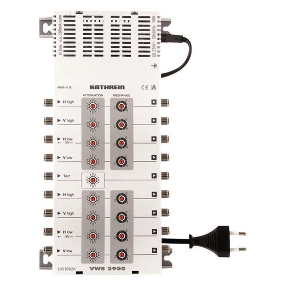 Kathrein Verteilnetzverstärker VWS 2900, 9 Eingänge 9 Ausgänge, 24 dB Sat-Verstärkung 21 dB terrestrische Verstärkung