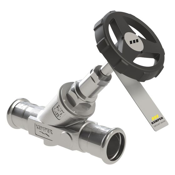 Kemper Niro Freistrom-Absperrventil ohne Entleerung, Mapress DN 15/15, PN 16, Edelstahl, Figur 073&nbsp;00