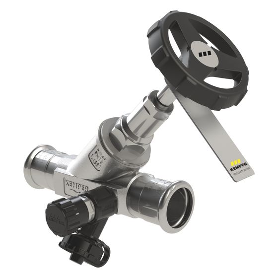 Kemper Niro Freistrom-Absperrventil mit Entleerventil, Mapress DN 20/22, PN 16, Edelstahl, Figur 073&nbsp;01