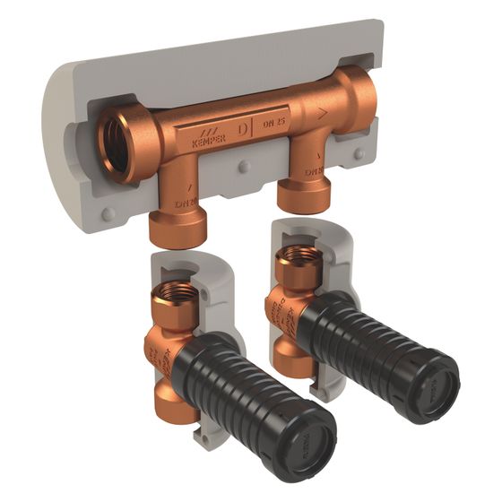 Kemper KHS Venturi-Strömungsteiler-Gruppe dynamisch, UP, DN 25/20/20 IG, PN 16, 90 Grad C, mit Dämmschale, Figur 650 00