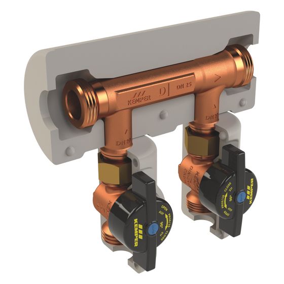 Kemper KHS Venturi-Strömungsteiler-Gruppe dynamisch, AP, DN 25/20/20 AG m. ÜM, PN 16, 90 Grad C, mit Dämmschale, Figur 650 02