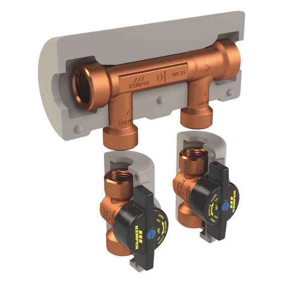 Kemper KHS Venturi-Strömungsteiler-Gruppe dynamisch, AP, DN 20/20/15 IG, PN 16, 90 Grad C, mit Dämmschale, Figur 650 06
