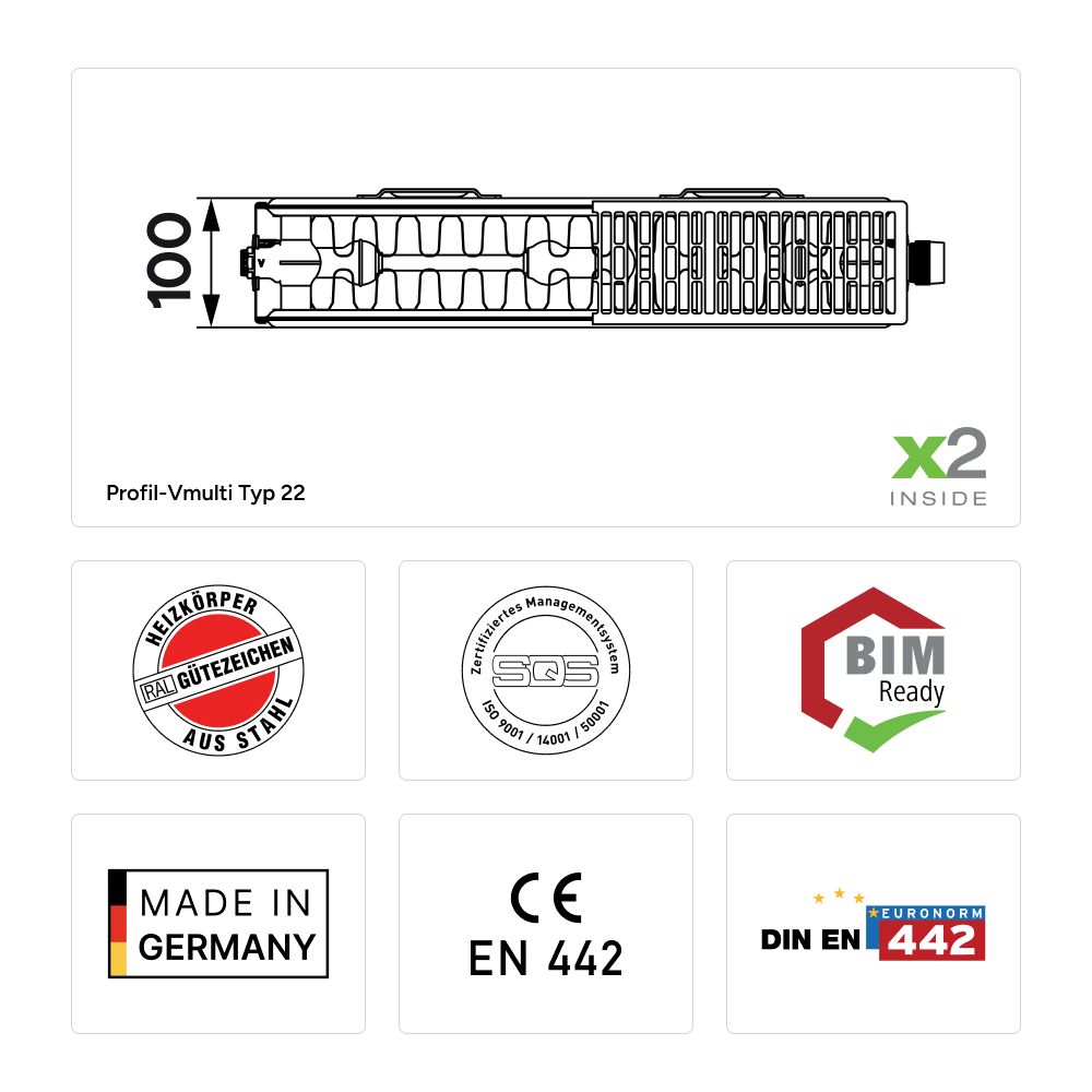 Kermi Vmulti Profil Typ 22 therm-x2 Flachheizkörper 500x100x1600mm 2306W Weiß mu... KERMI-FTX220501601N1K 4063769364710 (Abb. 7)