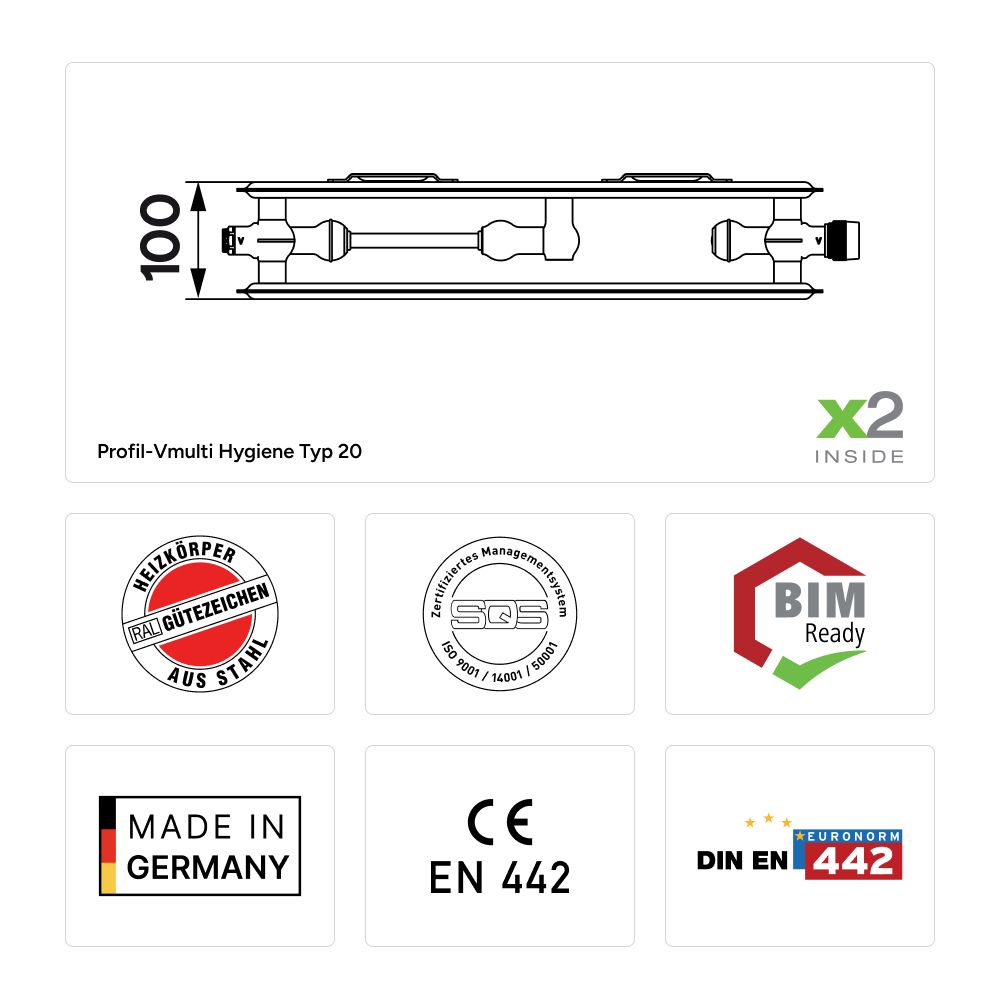 Kermi Vmulti Profil Hygiene Typ 20 therm-x2 Flachheizkörper 900x100x700mm 1006W ... KERMI-FTX200900701N1K 4063769382134 (Abb. 7)