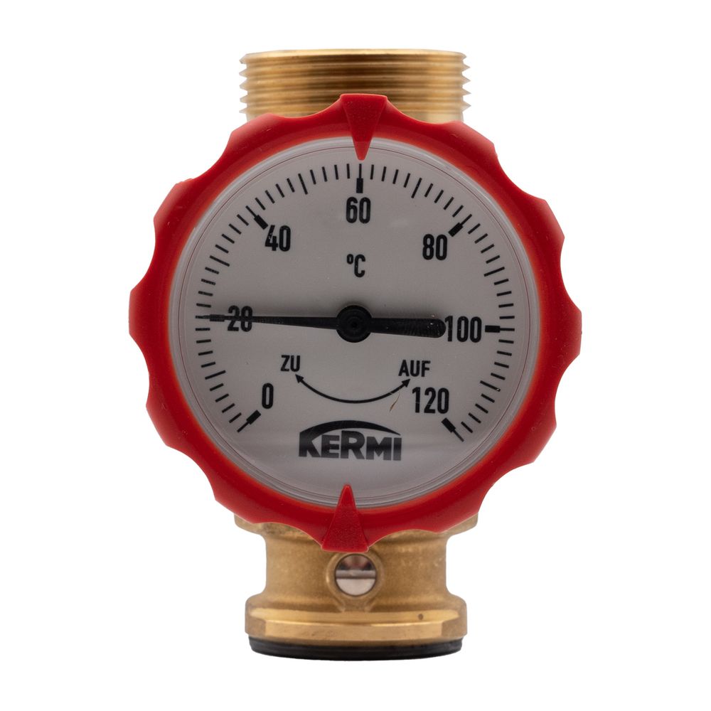 Kermi Kugelhahn 1" mit Rückschlagklappe, Außengewinde 1 1/4" Vorlauf mit Thermometer, für... KERMI-W90242 4037486676500 (Abb. 1)