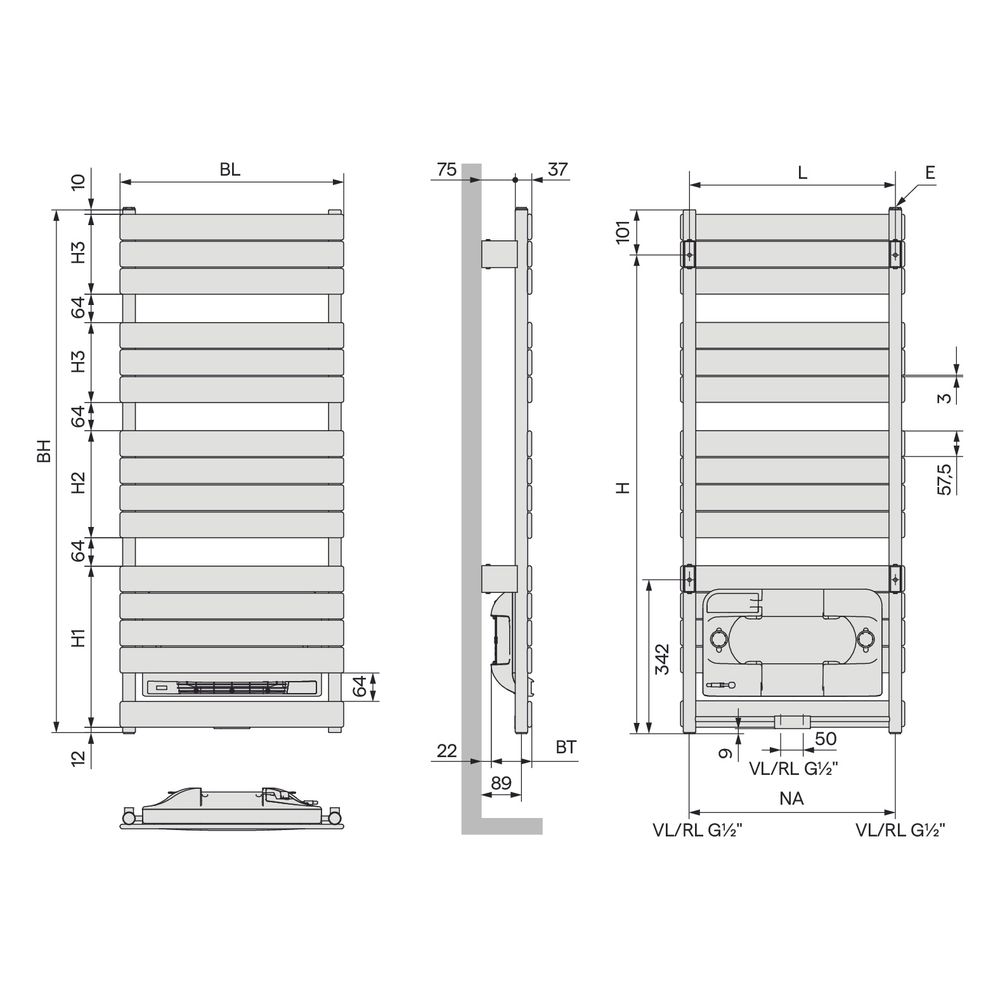 Kermi Aster Blower Mix Badheizkörper mit Heizlüfter 1834x95x600mm, 1014W bei 75/... KERMI-MBN11186004013K 4063769629024 (Abb. 3)