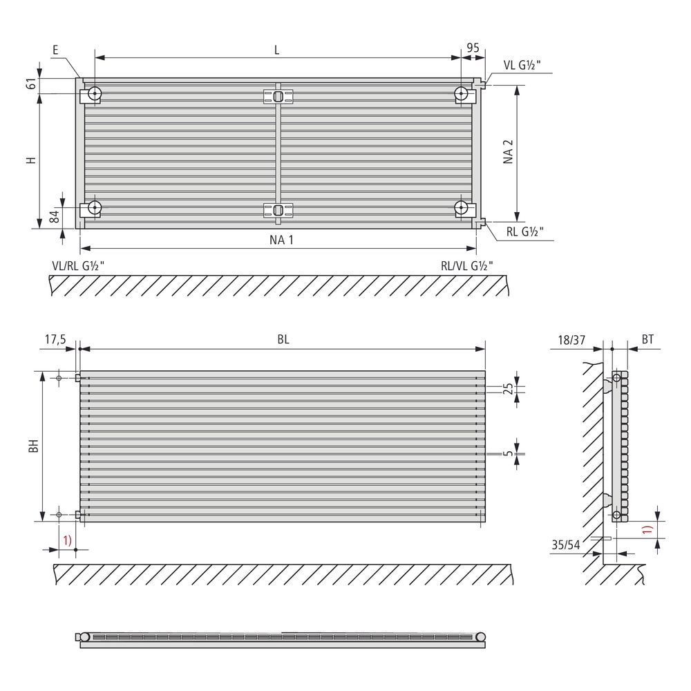 Kermi Carré horizontal Designheizkörper 295x60x1200mm 443W bei 75/65/20 Grad C A... KERMI-D3N1H03012025XK 4051487954672 (Abb. 6)