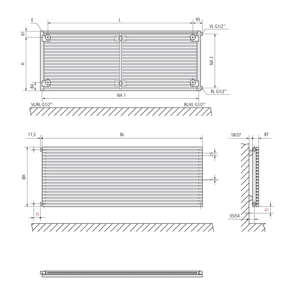 Kermi Decor-Arte Pure horizontal Designheizkörper 595x1200x60mm anthrazit metallic Anschluss ... KERMI-D3N1H060120J7XK  (Abb. 3)