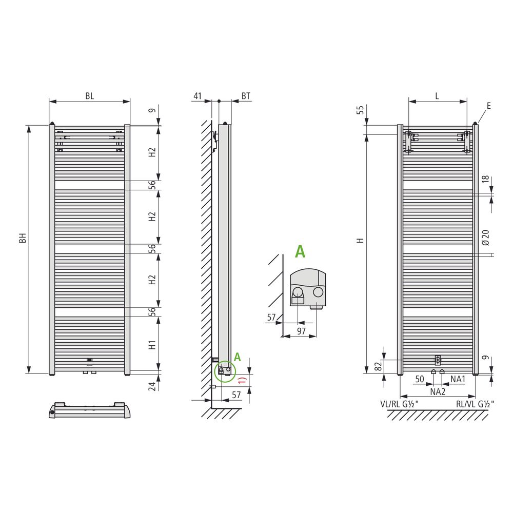 Kermi Duett Badheizkörper 1188x74x484mm, Anschluss mittig und seitlich, 834W bei... KERMI-DUN2M1200452XXK 4037486265872 (Abb. 7)