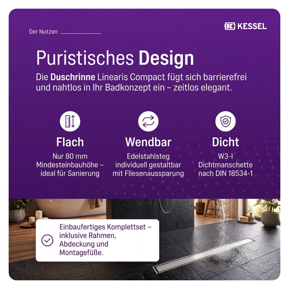 Kessel Duschrinne Linearis Compact DN 50 WaD, V2A, Länge 1.150mm... KESSEL-45600.67M 4026092078952 (Abb. 3)