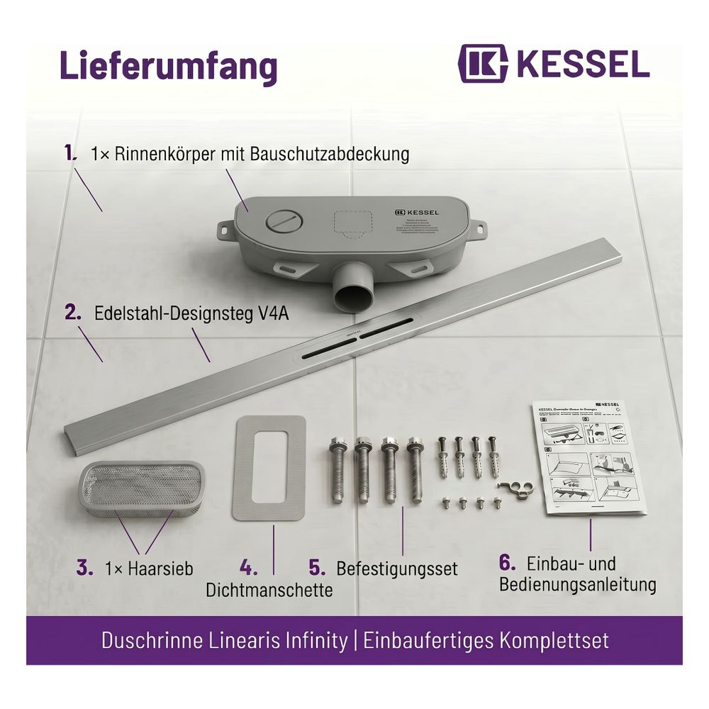 Kessel Duschrinne Linearis Infinity, DN 50, 1.600mm, Edelstahl gebürstet, 45200.16... KESSEL-45200.16 4026092093894 (Abb. 7)