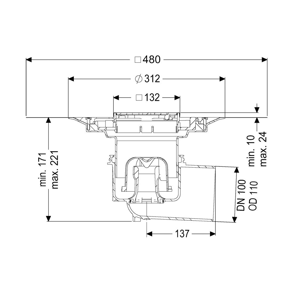 Kessel Boden-/Deckenablauf Practicus DN 100 Variofix Designrost, seitlich... KESSEL-45110.53 4026092052815 (Abb. 2)