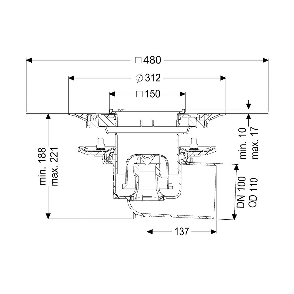 Kessel Bodenablauf Practicus Pressflansch DN 100 Variofix Schlitzrost, seitlich... KESSEL-45119.51 4026092033081 (Abb. 2)