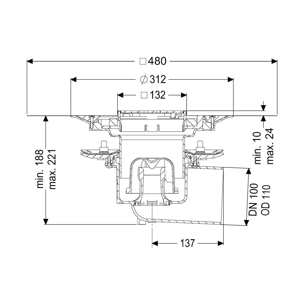 Kessel Bodenablauf Practicus Pressflansch DN 100 Variofix Designrost, seitlich... KESSEL-45119.53 4026092052495 (Abb. 2)