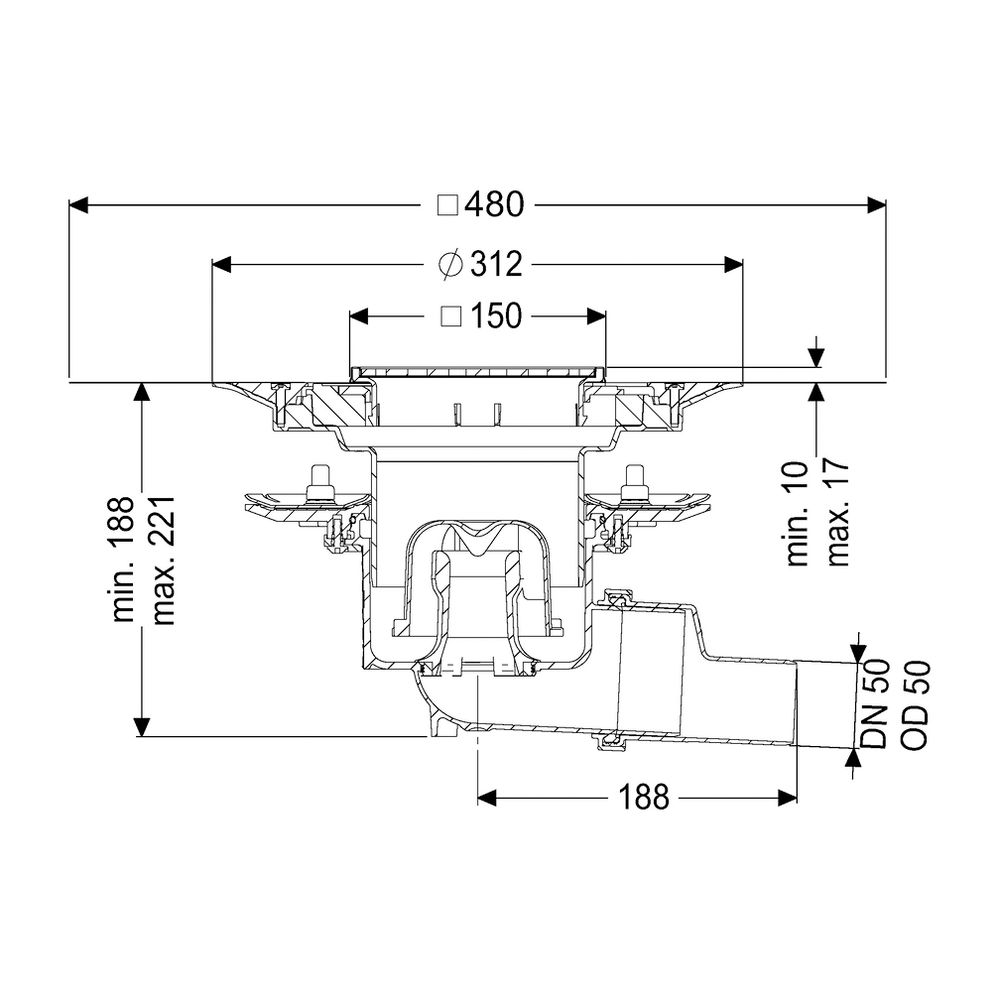 Kessel Bodenablauf Practicus Pressflansch DN 50 Variofix Schlitzrost, seitlich... KESSEL-45159.51 4026092052433 (Abb. 2)