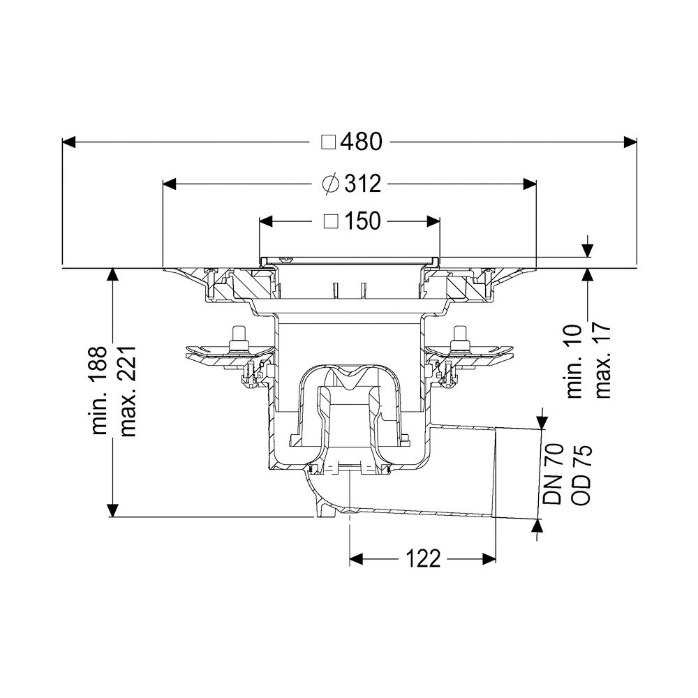 Kessel Bodenablauf Practicus Pressflansch DN 70 Variofix Schlitzrost, seitlich... KESSEL-45179.51 4026092033036 (Abb. 2)