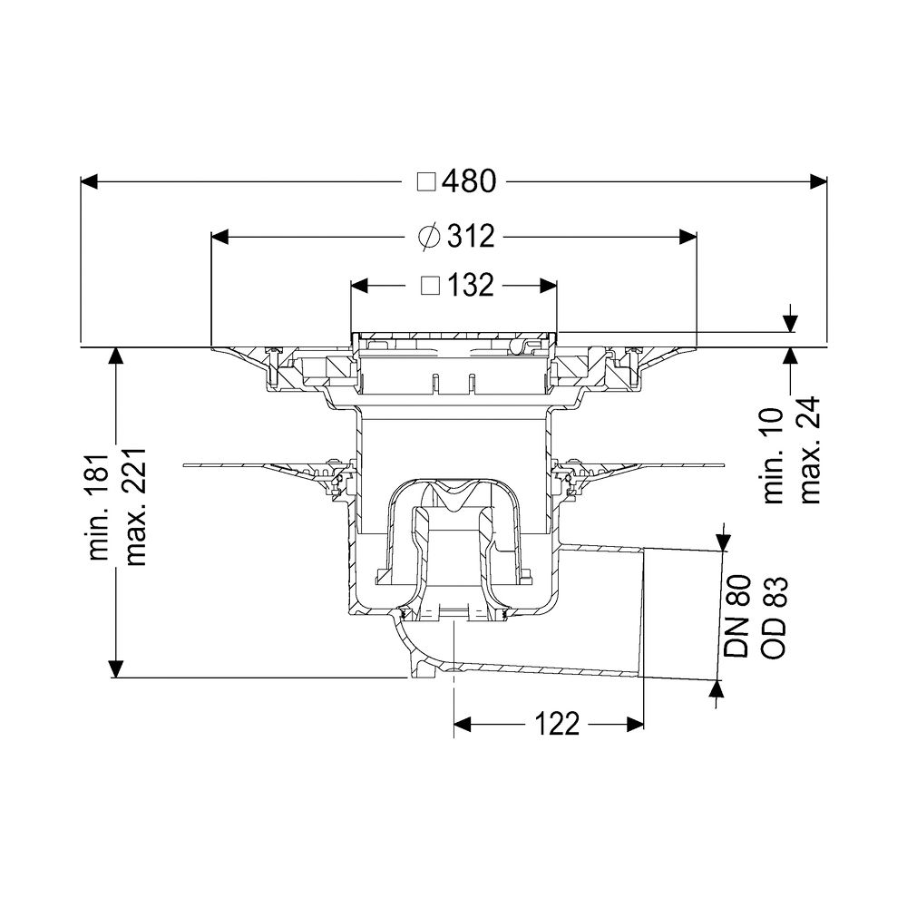 Kessel Bodenablauf Ecoguss Klebeflansch DN 80 Variofix Designrost, seitlich... KESSEL-48583.53 4026092054291 (Abb. 2)