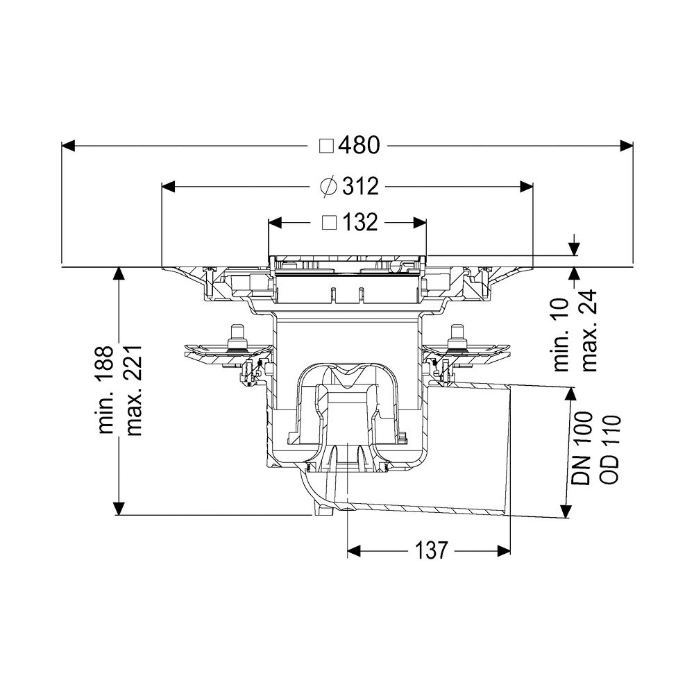 Kessel Bodenablauf Ecoguss Pressflansch DN 100 Variofix Designrost, seitlich... KESSEL-48711.53 4026092053300 (Abb. 2)