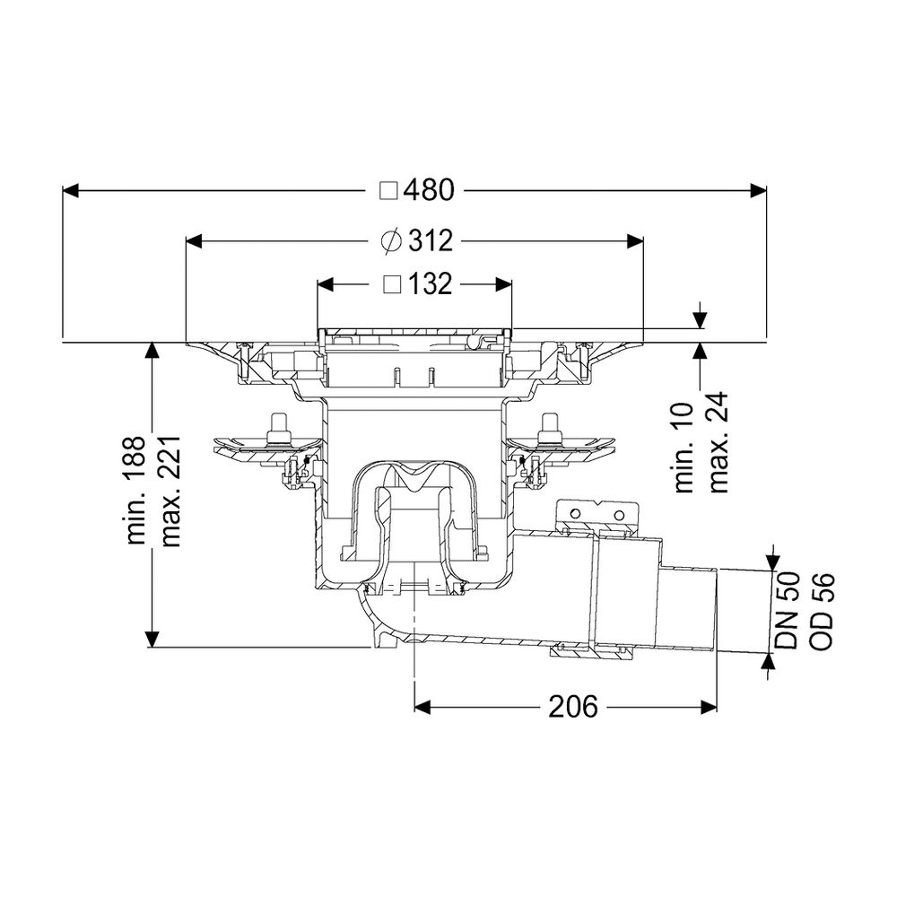 Kessel Bodenablauf Ecoguss Pressflansch DN 50 Variofix Designrost, seitlich... KESSEL-48758.53 4026092053270 (Abb. 2)