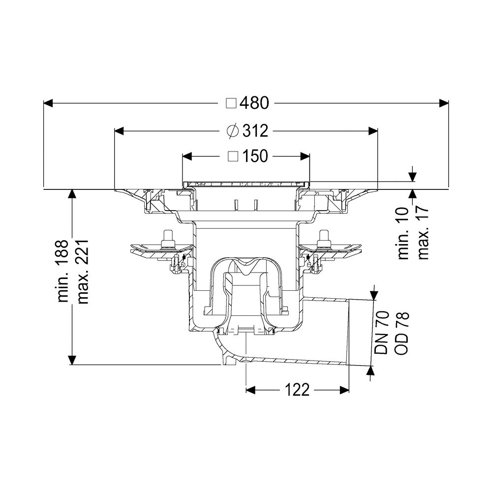 Kessel Bodenablauf Ecoguss Pressflansch DN 70 Variofix Schlitzrost, seitlich... KESSEL-48778.51 4026092053225 (Abb. 2)