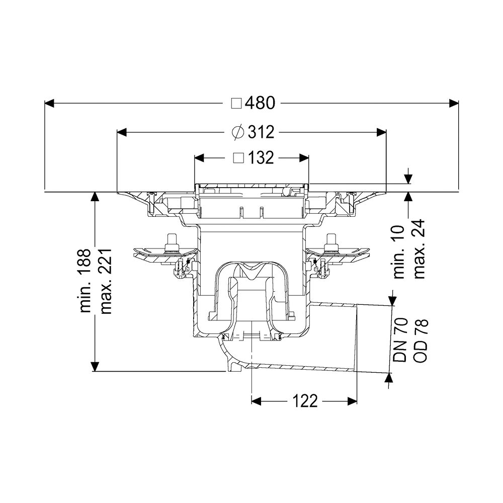 Kessel Bodenablauf Ecoguss Pressflansch DN 70 Variofix Designrost, seitlich... KESSEL-48778.53 4026092053287 (Abb. 2)