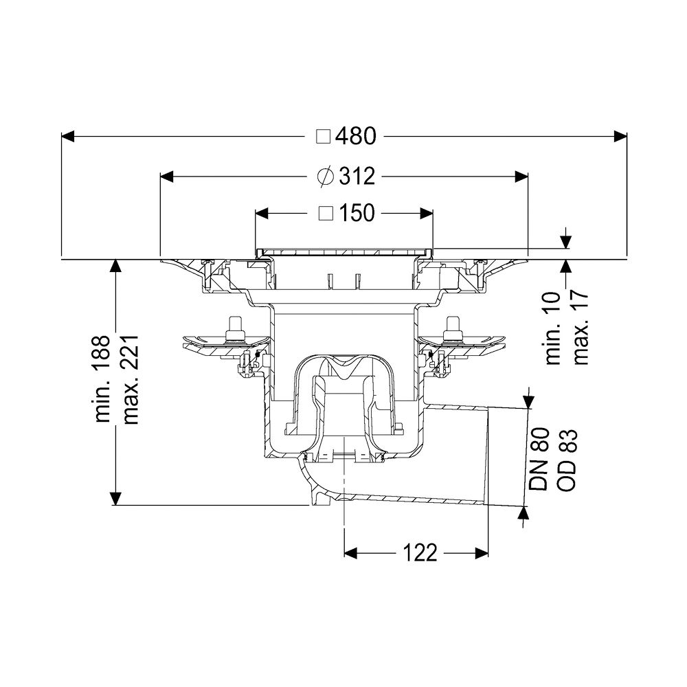 Kessel Bodenablauf Ecoguss Pressflansch DN 80 Variofix Schlitzrost, seitlich... KESSEL-48783.51 4026092053249 (Abb. 2)