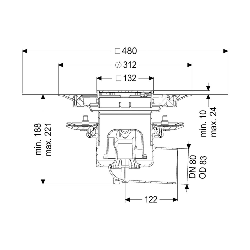 Kessel Bodenablauf Ecoguss Pressflansch DN 80 Variofix Designrost, seitlich... KESSEL-48783.53 4026092053294 (Abb. 2)