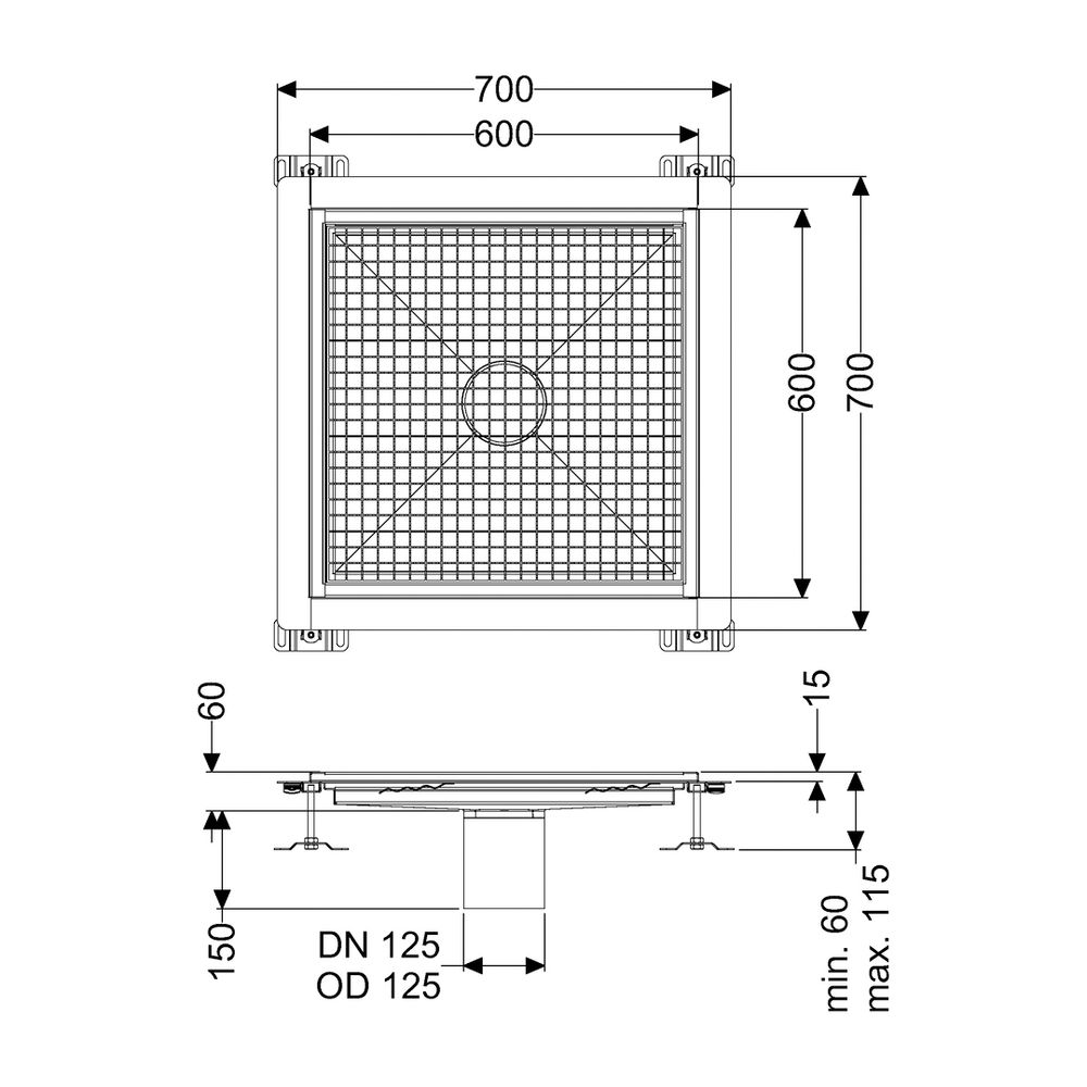 Kessel Bodenwanne Ferrofix, DN 125, 600x600mm, 15mm Klebeflansch, Edelstahl, Silber... KESSEL-6060600 4026092099308 (Abb. 2)