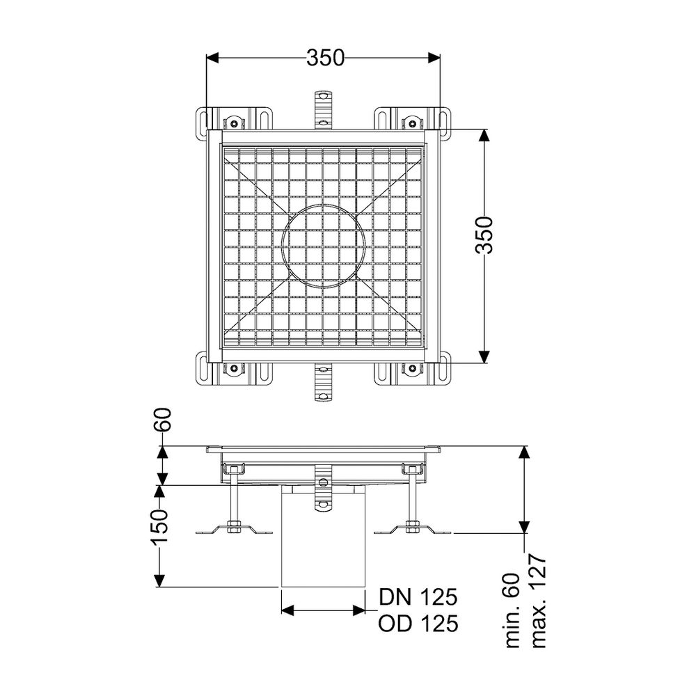 Kessel Bodenwanne Ferrofix, DN 125, 350x350mm, ohne Klebeflansch, Edelstahl, Silber... KESSEL-6135035 4026092099377 (Abb. 2)