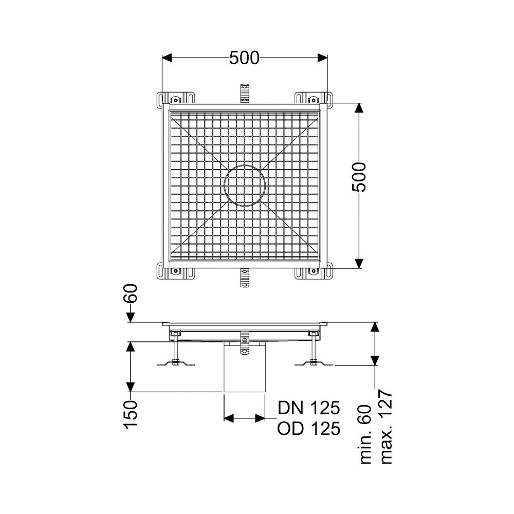 Kessel Bodenwanne Ferrofix, DN 125, 500x500mm, ohne Klebeflansch, Edelstahl, Silber... KESSEL-6150050 4026092099384 (Abb. 2)