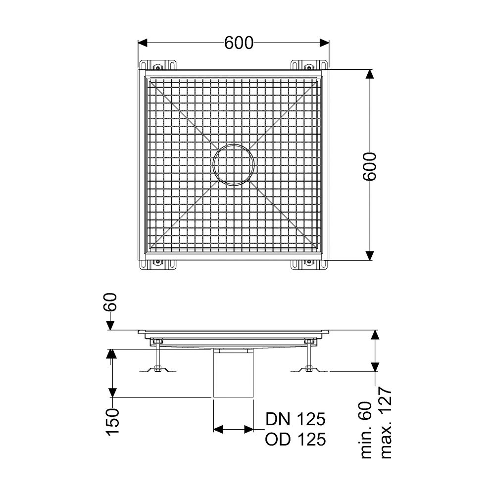Kessel Bodenwanne Ferrofix, DN 125, 600x600mm, ohne Klebeflansch, Edelstahl, Silber... KESSEL-6160600 4026092099407 (Abb. 2)