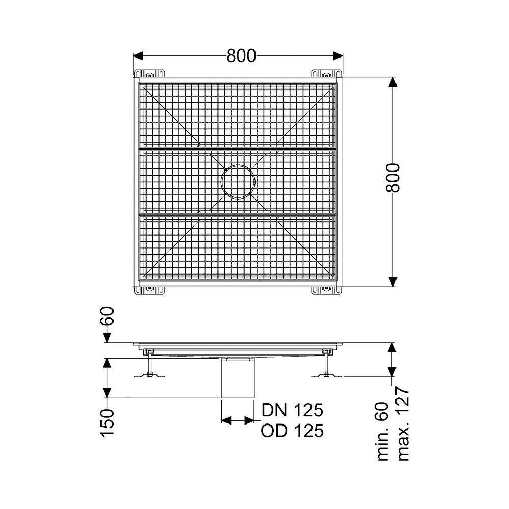 Kessel Bodenwanne Ferrofix, DN 125, 800x800mm, ohne Klebeflansch, Edelstahl, Silber... KESSEL-6180800 4026092099414 (Abb. 2)