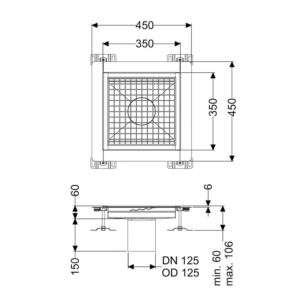 Kessel Bodenwanne Ferrofix, DN 125, 350x350mm, 6mm Klebeflansch, Edelstahl, Silber... KESSEL-6235035 4026092099315 (Abb. 2)