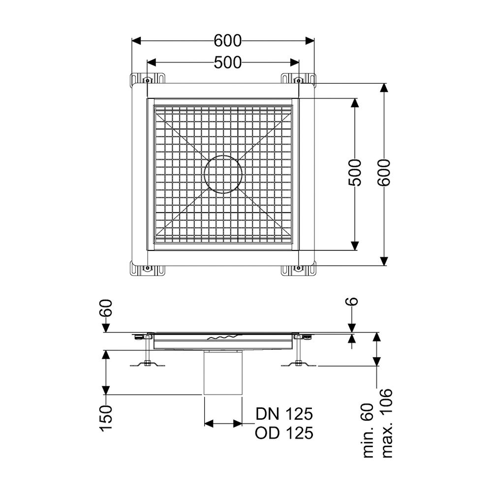 Kessel Bodenwanne Ferrofix, DN 125, 500x500mm, 6mm Klebeflansch, Edelstahl, Silber... KESSEL-6250050 4026092099322 (Abb. 2)