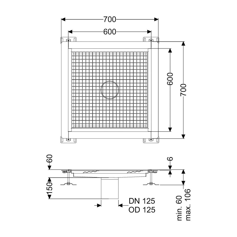 Kessel Bodenwanne Ferrofix, DN 125, 600x600mm, 6mm Klebeflansch, Edelstahl, Silber... KESSEL-6260600 4026092099346 (Abb. 2)