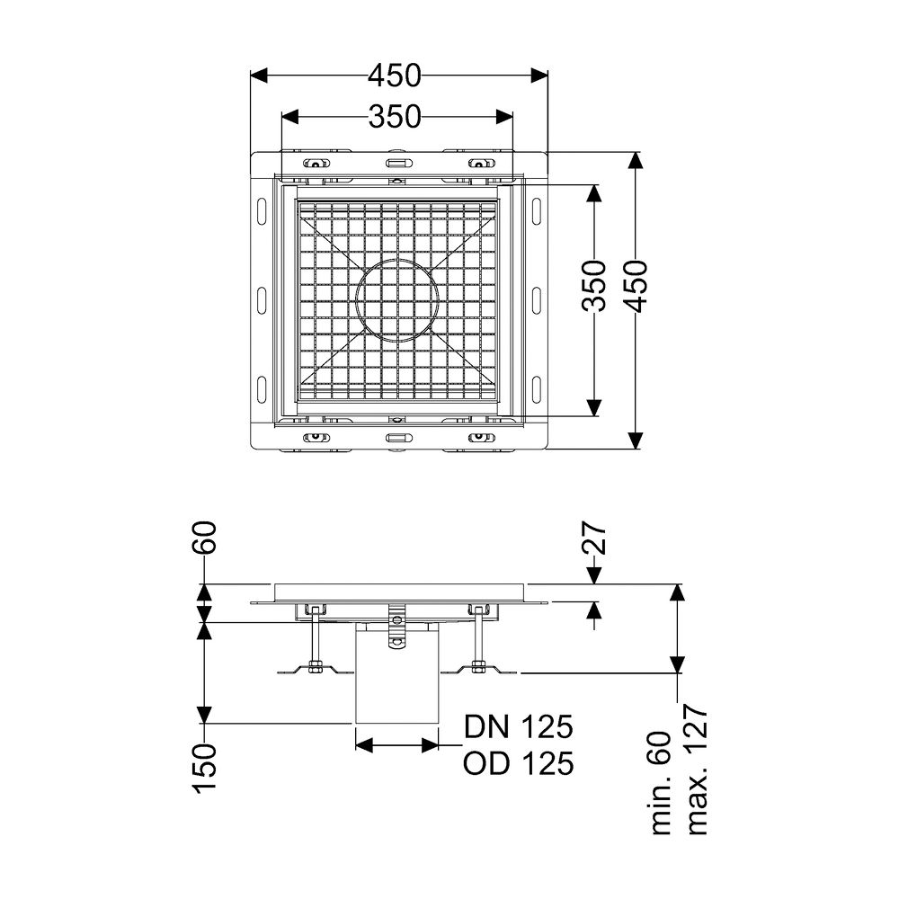 Kessel Bodenwanne Ferrofix, DN 125, 350x350mm, mit Fliesenanschlusswinkel, Edelstahl, S... KESSEL-6335035 4026092099421 (Abb. 2)