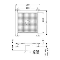 Kessel Bodenwanne Ferrofix, DN 125, 600x600mm, 6mm Klebeflansch, Edelstahl, Silber... KESSEL-6260600 4026092099346 (Abb. 1)