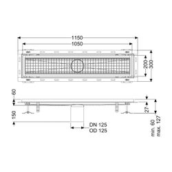 Kessel Kastenrinne Ferrofix, DN 125, 200x1.050mm, mit Fliesenanschlusswinkel, Edelstahl... KESSEL-6320100 4026092099131 (Abb. 1)