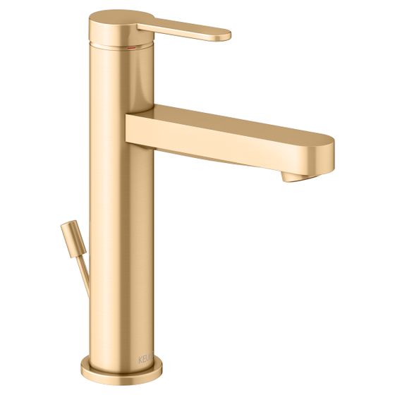 Keuco Ixmo Flat Einhebel-Waschtischmischer 130, Ausladung 124mm, mit Zugstangen-Ablaufgarnitur, Rosette rund, Messing geb.