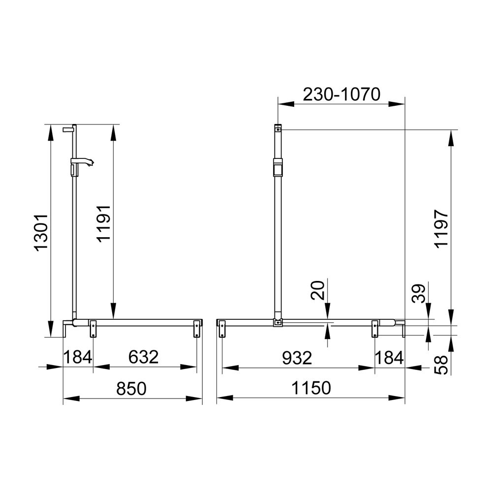 Keuco Axess Duschhandlauf mit Brausestange rechts, 850/1150/1301mm, mit 4x Befestigu... KEUCO-35015010201 4017214902699 (Abb. 2)