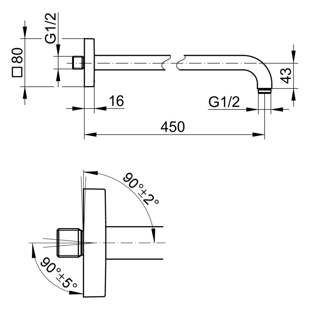 Keuco Brausearm Wandmontage, Rosette eckig, Ausladung 450mm, G 1/2", Edelstahl-finis... KEUCO-53088060402 4017214239429 (Abb. 2)