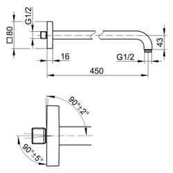 Keuco Brausearm Wandmontage, Rosette eckig, Ausladung 450mm, G 1/2", Edelstahl-finis... KEUCO-53088060402 4017214239429 (Abb. 1)