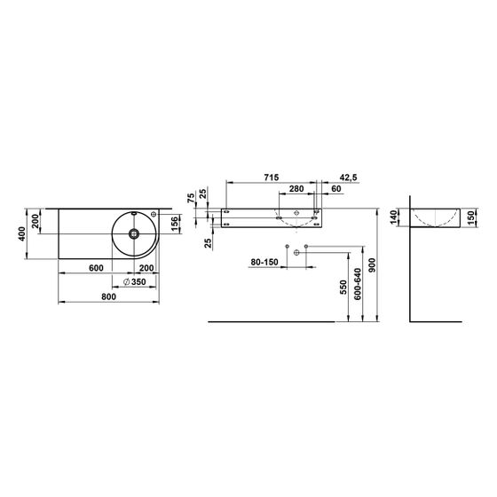 Laufen Waschtisch Form 800x400x150mm, rechteckig, Ablage links 1 Hahnloch mit Überlauf weiß antibak