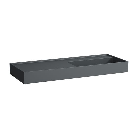 Laufen Waschtisch Kartell 460x1200x150mm, Mattgraphit, ohne Hahnloch/Überlauf, Ablauf versteckt, Ablage links