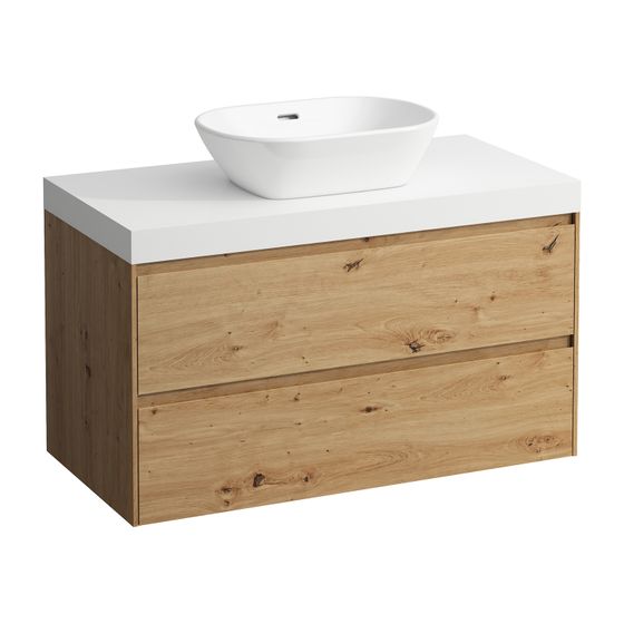Laufen WT Unterbau u. Platte, Modular System, LANI 495x985x580mm, Wildeiche, Mattweiß, Ausschnitt mittig, 2 Schubladen